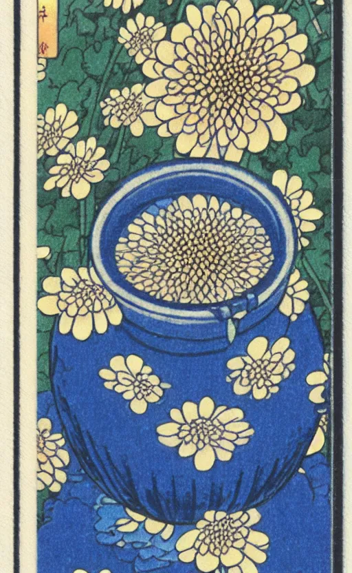 Prompt: by akio watanabe, manga art, a chrysanthemum flower inside a blue sake cup, trading card front