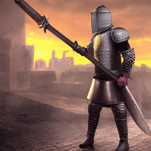 Image similar to Male knight in chainmail with big hammer, abandoned city, oil painted, shine, full HD, 8k render