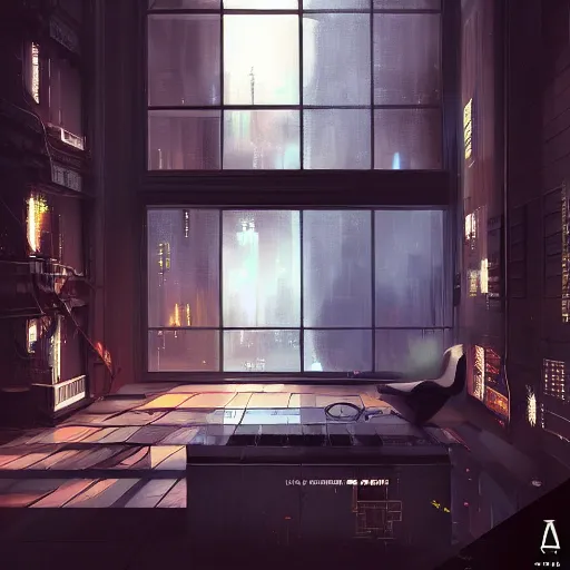 Image similar to interior design quiet loft, big windows, cyberpunk city, rainy day, night, science - fiction, samdoesarts, artstation