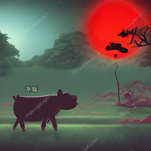 Image similar to a shadow man with a red glowy eyes fighting a big piglet the background is a japanese forest