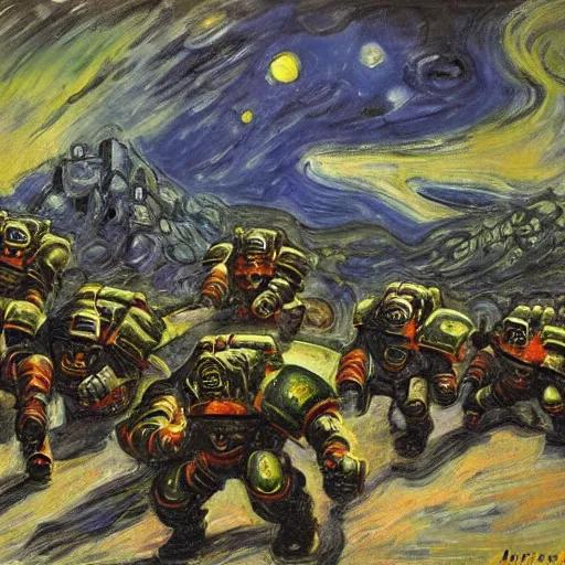 Image similar to a painting of a warhammer 4 0 k space marine squadron, by monet, munch,