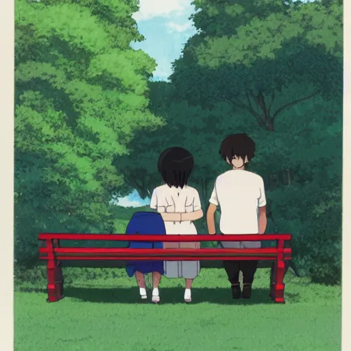 Prompt: a couple sitting on a park bench, studio ghibli