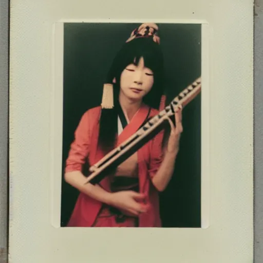 Image similar to 1970s polaroid of a female Japanese folk musician, hazy, faded