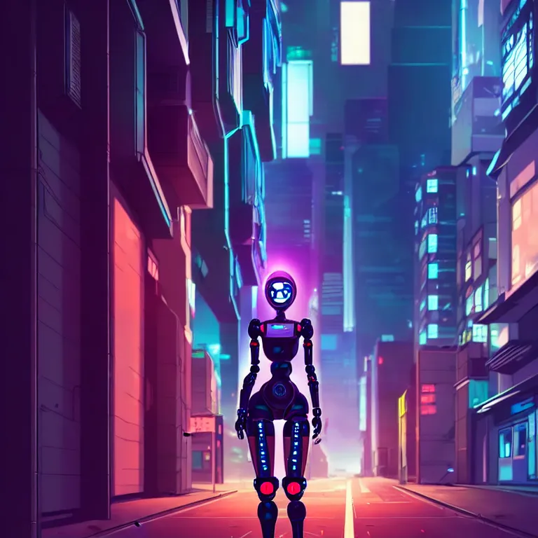 Prompt: a cyberpunk robot - girl stands in a cyberpunk street, at night, cinematic lighting, very detailed, style by tomino - sama