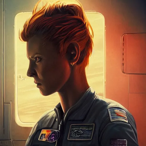 Prompt: rough and moody, colorful, profile view, highly detailed painting, science fiction, serious intense stoic blonde emotionless brilliant tomboy butch woman engineer with very short slicked - back hair, wearing patched dirty flight suit, looking out space station window, octane render, alien 1 9 7 9, used future, artstation, michael whelan, ron cobb, digital illustration