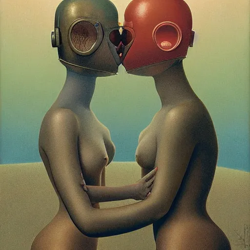 Prompt: portrait of an two girls kissing each other wearing astro helmet with tight black latex dress tight suit, Edward Hopper and James Gilleard, Zdzislaw Beksinski, Mark Ryden, Wolfgang Lettl highly detailed