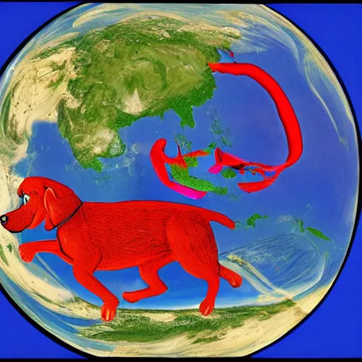 Image similar to clifford the big red dog with the body of a snake wrapped around the entire earth, view from space