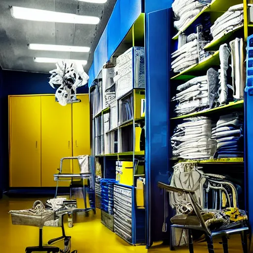 Image similar to ikea Backrooms, sinister, professional photography, weird, spooky, unearthly, dream-like, intricate, decomposition, urgh, strange, blue and yellow