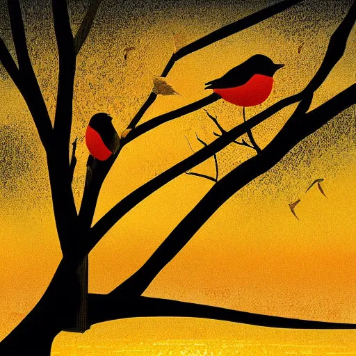 Image similar to birds on cherry tree, serene, graceful, sunset at golden hour, digital painting, Dada