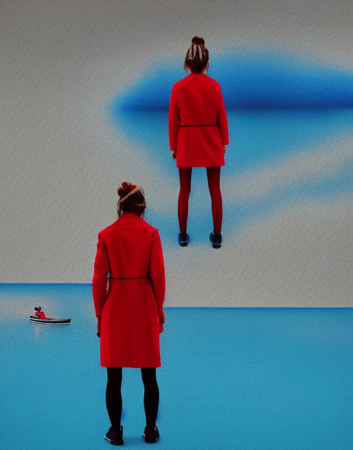 Image similar to wide shot rear view photographer woman hair in a bun long red stripe coat backpack sneakers grasping a nikon dslr camera while looking out over a placid blue lake, a character design painting, in the style of wes anderson, lola dupre, david hockney, isolated on negative white space background dark monochrome fluorescent spraypaint accents volumetric octane render, no double figure