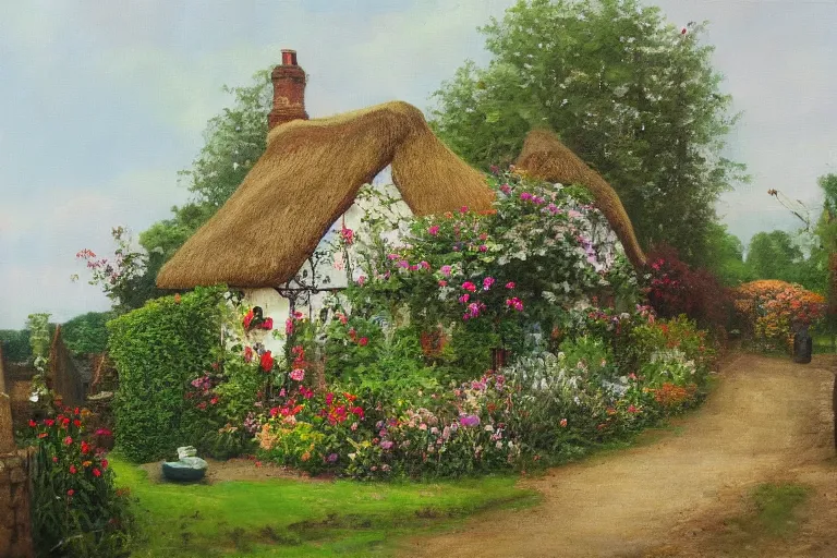 Image similar to A quaint cottage in an English village, merry england, oil on canvas, 4k, detailed