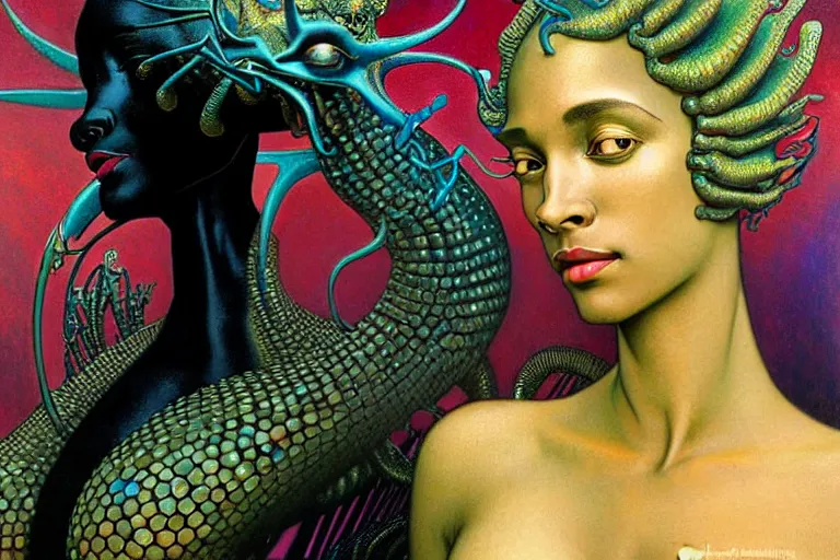 Prompt: realistic extremely detailed closeup portrait painting of a beautiful black woman wearing futuristic dress, mutant dragon on background by Jean Delville, Amano, Yves Tanguy, Alphonse Mucha, Ernst Haeckel, Edward Robert Hughes, Roger Dean, rich moody colours