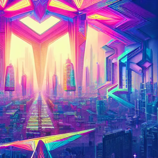 Image similar to matte painting of the sacred geometry of cyberpunk, brilliant colors, extremely detailed, very very detailed, in the style of alena aenami by Alex grey, HD, 4k, 8k