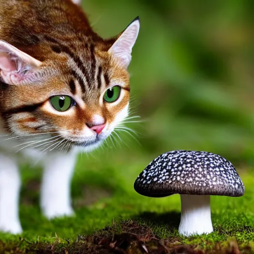 Prompt: a small domestic house cat with a mushroom growing atop its head