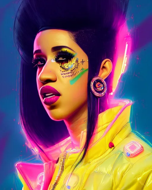 Prompt: detailed side profile portrait of Cardi B, cyberpunk futuristic neon, reflective puffy coat, decorated with traditional Japanese ornaments by Ismail inceoglu dragan bibin hans thoma greg rutkowski Alexandros Pyromallis Nekro Rene Maritte Illustrated, Perfect face, fine details, realistic shaded, fine-face, pretty face