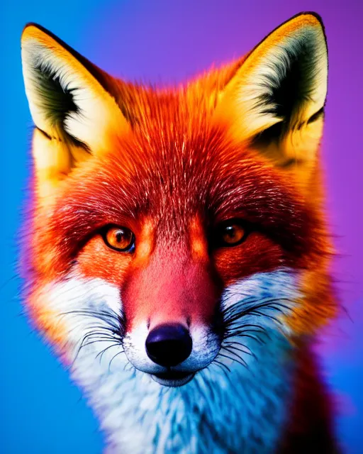 Image similar to rainbow colored fox, portrait, blue background, 8 k, 8 5 mm f 1. 8