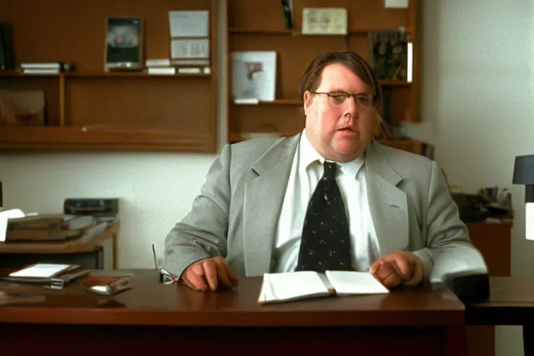 Image similar to cinematic still of portly clean-shaven white man wearing suit and necktie at his desk in his office in 1994 film, XF IQ4, f/1.4, ISO 200, 1/160s, 8K, RAW, dramatic lighting, symmetrical balance, in-frame