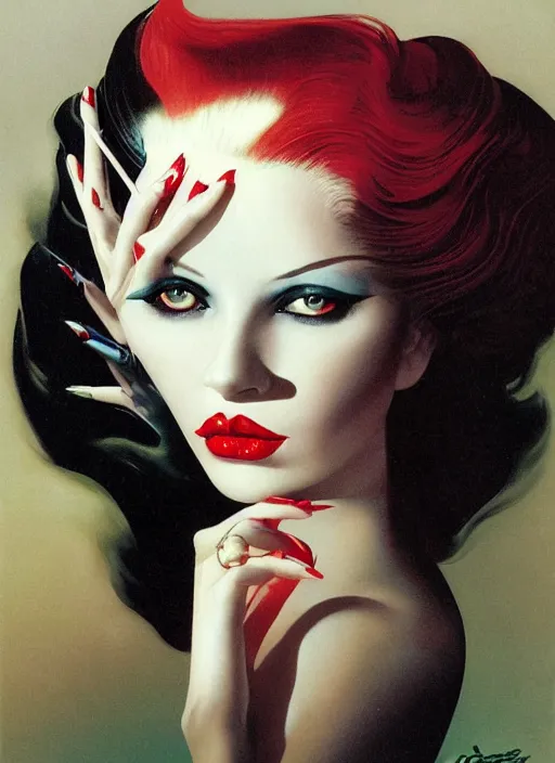 Image similar to an 8 0 s portrait of a woman with dark eye - shadow and red lips with dark slicked back hair dreaming acid - fueled hallucinations by serge lutens, rolf armstrong, delphin enjolras, peter elson