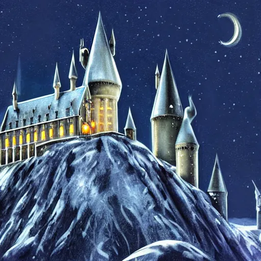 Prompt: hogwarts at night, winter, digital art, detailed, cinematic