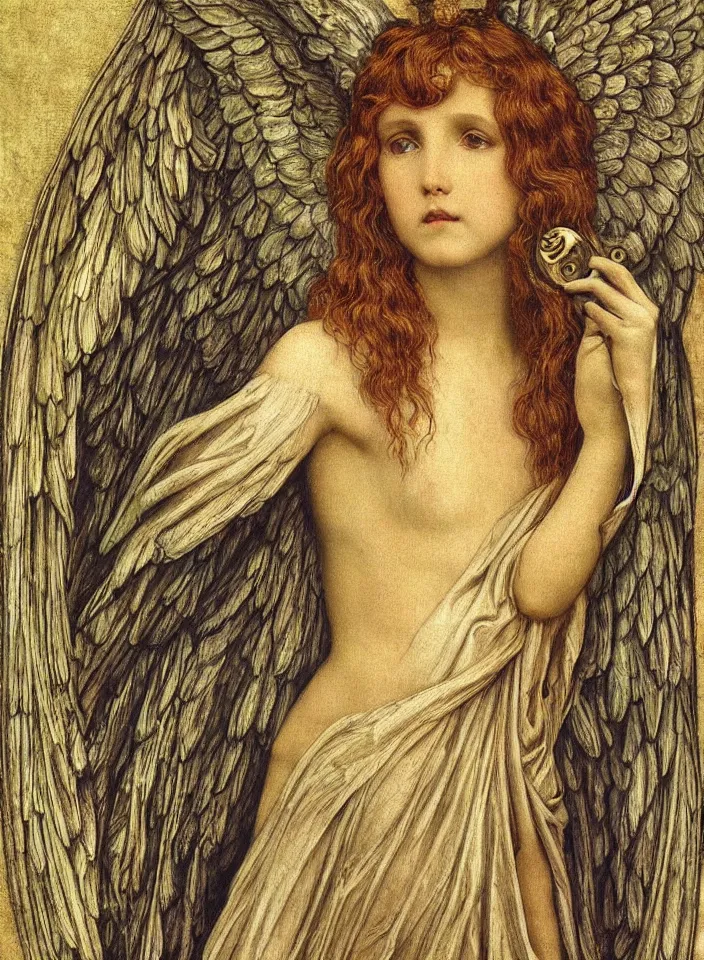 Image similar to detailed realistic beautiful angel holding a television, art nouveau, symbolist, visionary, gothic, pre - raphaelite. horizontal symmetry