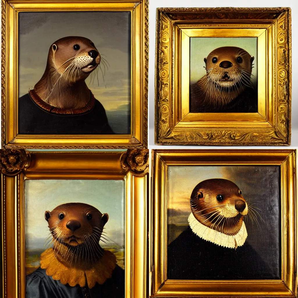 Prompt: frameless dutch golden age oil painting portrait of an otter wearing a ruff collar, warm lighting, chiaroscuro