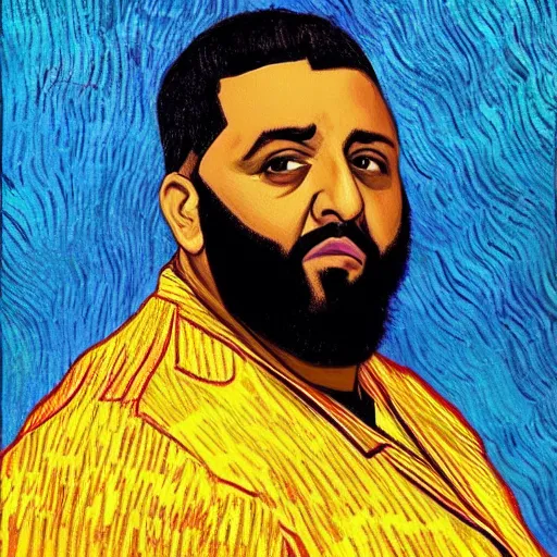 Image similar to ultra realistic portrait of dj khaled in a studio, ultra detailed, under blue, red and yellow cinematic lighting, by van gogh, cartoon