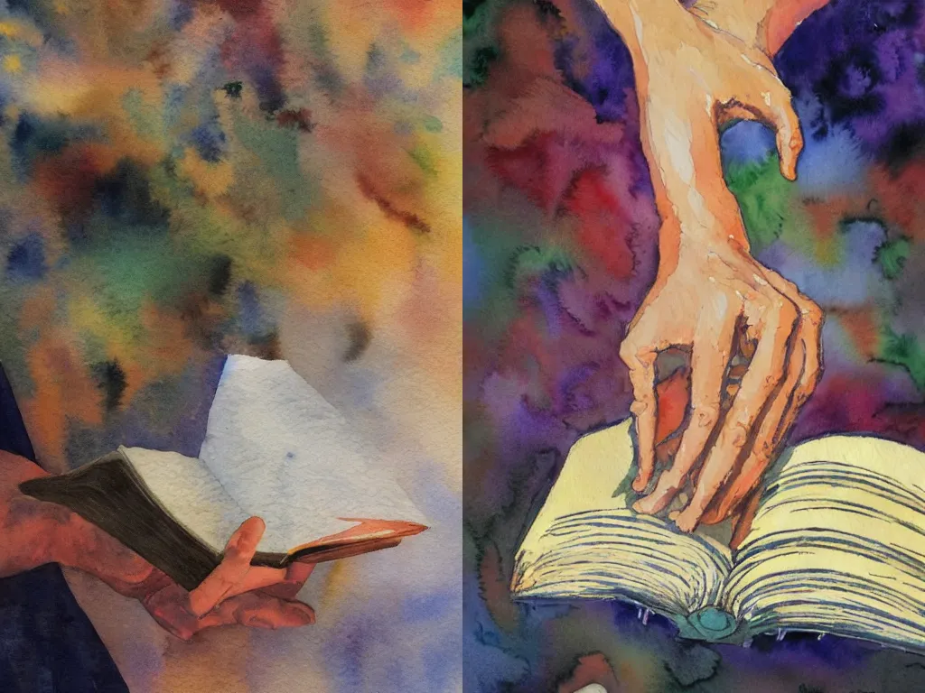 Prompt: big impressionist watercolor strokes by Andrew Henderson, by Rae Klein and by Anthony Cudahy, dramatic lighting, ap art, love art, an extreme close-up of a spiritually divine hand flipping through a book by Mark Tennant, fine art america, japanese woodblock