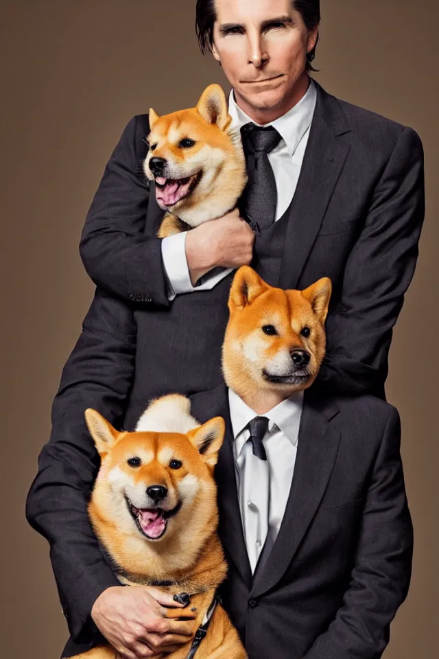 Image similar to a highly detailed portrait of a cleanly - shaven christian bale in a suit with slicked back hair, holding a shiba inu in his arms, hyperrealistic, highly detailed, 8 k, canon 2 4 mm f / 1. 4 lens,