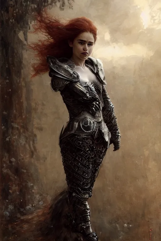 Image similar to redhead emilia clarke wearing black and silver ornamented armour, bare legs, detailed, by gaston bussiere, bayard wu, greg rutkowski, giger, maxim verehin, greg rutkowski, masterpiece, sharp focus, cinematic lightning