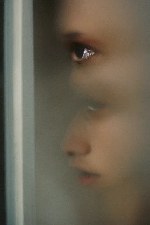 Image similar to kodak portra 4 0 0 photograph of a person looking out through their window, eyes, beautiful eyes, stunning eyes, close up, telephoto, faded effect, grain,