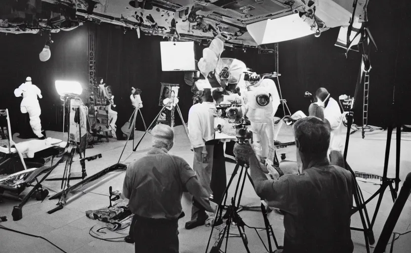 Image similar to Behind the scenes photos of the faked Apollo 11 Lunar landing on a Hollywood sound stage directed by Stanley Kubrick. Leica IIIc, 35mm. Black and white film. Grainy, low contrast, blurry, candid