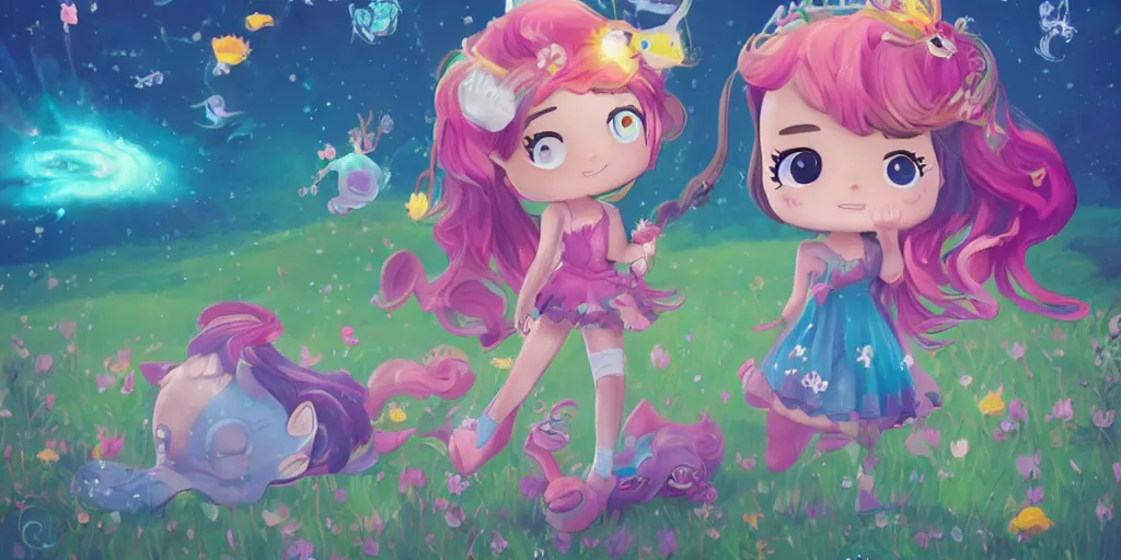 Prompt: Aquarius as a cute character playing in a magical field surrounded by super super cute creatures, funko pop, digital art, artstation, cinematic photo, ratio 16:9