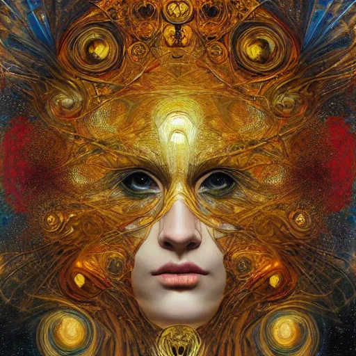 Prompt: Divine Chaos Engine portrait by Karol Bak, Jean Deville, Gustav Klimt, and Vincent Van Gogh, celestial, sacred geometry, visionary, fractal structures, ornate realistic gilded medieval icon, spirals