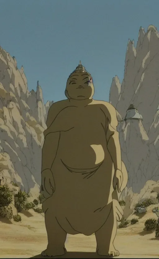 Image similar to a movie still from a studio ghibli movie showing a highly detailed landscape with a giant living buddha walking through the desert. 1 9 8 0's science fiction, 1 9 7 0's science fiction, misty, depth perception, 4 k