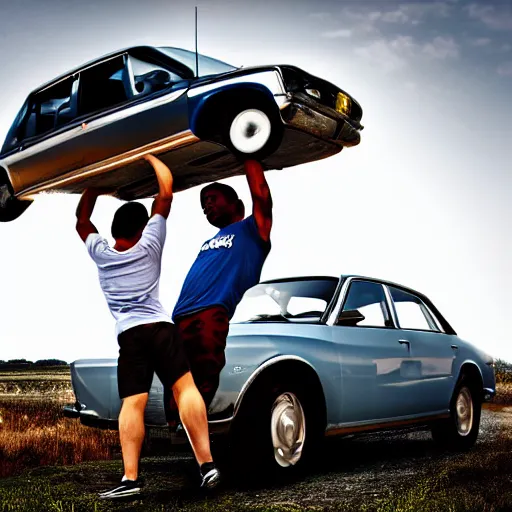 Prompt: a man lifting a car over his head, award winning photography, high resolution photo.