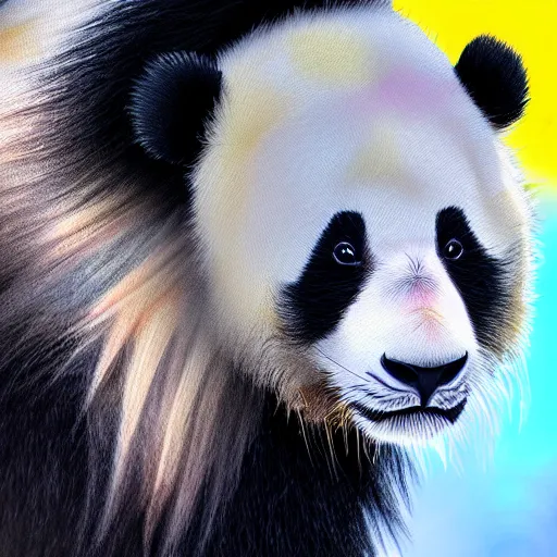 Image similar to profile view of cute fluffy baby panda with long colorful flowing lion mane blowing in the wind with mohawk top hairstyle hybrid animal detailed painting 4 k