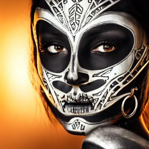 Image similar to A new dark hero for blockbuster movies. A beautiful woman wearing a silver skeletal mask, with an ancients, ultra-detailed pattern. Attractive eyes. A fearless smile. Blurred background. Earrings. Golden