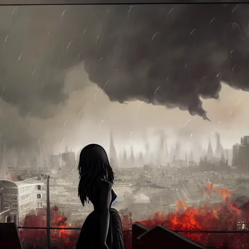 Prompt: beautiful vampire girl with demon horns wearing a black dress and looks dramatically out of a large window, with a extreme fallout city and everything is burning to ashes outside, a thunderstorm is also present, super ultrarealistic detail picture with extrem cinematic aspects, by aleksandra waliszewska, aoi ogata, greg rutkowski and nona limmen