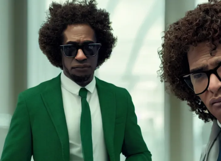 Prompt: film still of hermes conrad, a black man with frizzy hair and square glasses wearing a green suit in the new scifi movie, 4 k