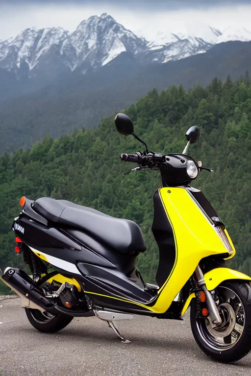 Prompt: yamaha dio with yellow, carbon and white paintjob, mountainroad background, midday, 5 0 0 ccm engine, race style, custom scooter, dslr, 8 5 mm, f / 1. 3