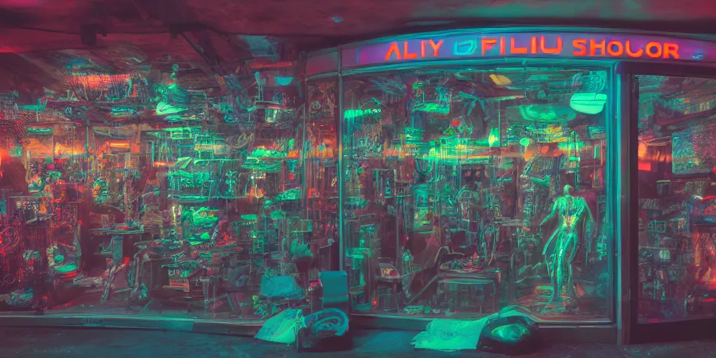 Image similar to a photo of a dirty alien shop, futuristic, holographic, 8k, sharp focus, Fujifilm