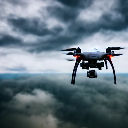 Prompt: cinematic areal shot of three drones flying through the clouds