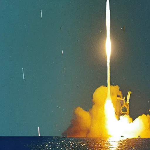 Prompt: “a failed ICBM middle launch 🚀 in the middle of the ocean at night time. The middle is exploding spectacularly and raining down burning pieces of debris.”