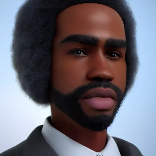 Image similar to beautiful 3D rendered fictional black character, his head is made of fluffy clouds, wearing white suit, realistic, 8k, 4k, unreal engine, by Antoni Tudisco, artstation