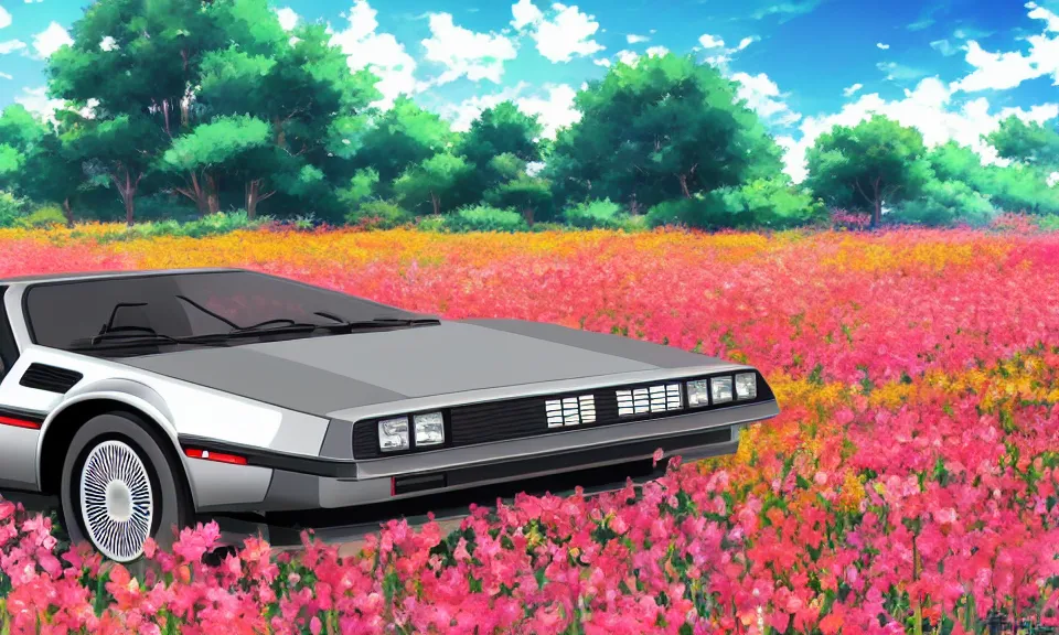 Image similar to a delorean standing in a flower field, anime style