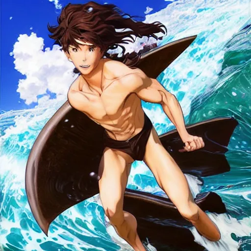 Image similar to epic battle brown haired boy summons a huge wave of water. photorealism. realistic. uhd. extremely detailed. masterpiece. dramatic. rule of thirds. jc leyendecker. repin. shigenori soejima.