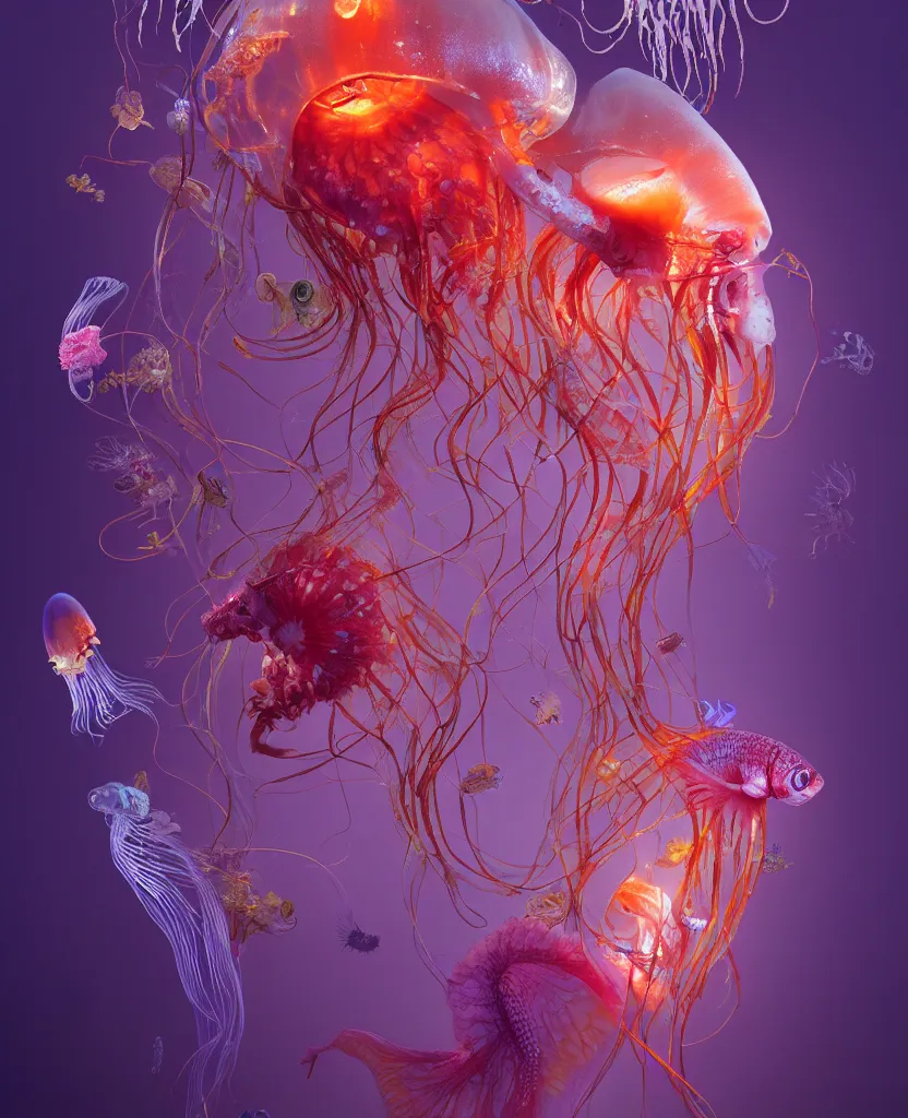 Image similar to human thorax, jellyfish phoenix head, nautilus, orchid, skull, betta fish, bioluminiscent creatures, intricate artwork by Tooth Wu and wlop and beeple. octane render, trending on artstation, greg rutkowski very coherent symmetrical artwork. cinematic, hyper realism, high detail, octane render, 8k