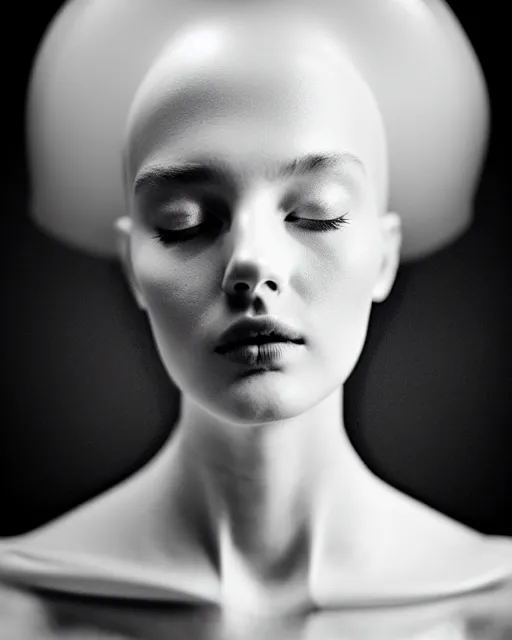 Prompt: dreamy foggy elegant soft luminous bw profile face portrait photo, beautiful young biomechanical - porcelain - female - cyborg with a delicate detailed mandelbrot fractal texture skin and a very long neck with gothic pearl embroidered collar, halo, white smoke atmosphere, rim light, by cecile beaton, 8 k