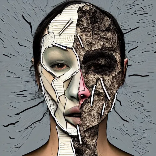 Image similar to face shredded like paper as skin peeling, dark, surreal, illustration, by ally burke