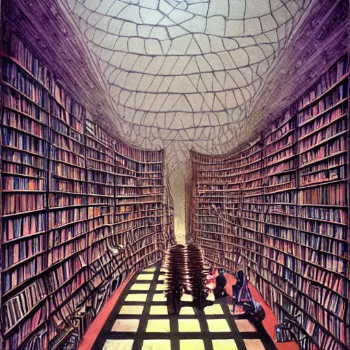 Prompt: borges infinite library, endless rows of books, geometric architecture, painting by brain froud, charles vess, cinematic lighting, epic composition, highly detailed